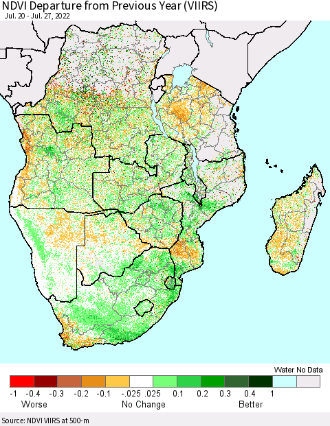Southern Africa NDVI Departure from Previous Year (VIIRS) Thematic Map For 7/20/2022 - 7/27/2022