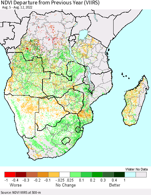Southern Africa NDVI Departure from Previous Year (VIIRS) Thematic Map For 8/5/2022 - 8/12/2022
