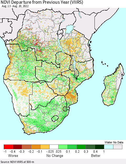 Southern Africa NDVI Departure from Previous Year (VIIRS) Thematic Map For 8/13/2022 - 8/20/2022