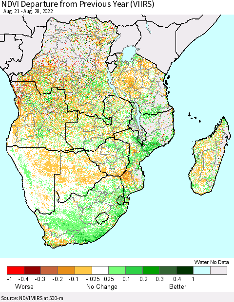 Southern Africa NDVI Departure from Previous Year (VIIRS) Thematic Map For 8/21/2022 - 8/28/2022