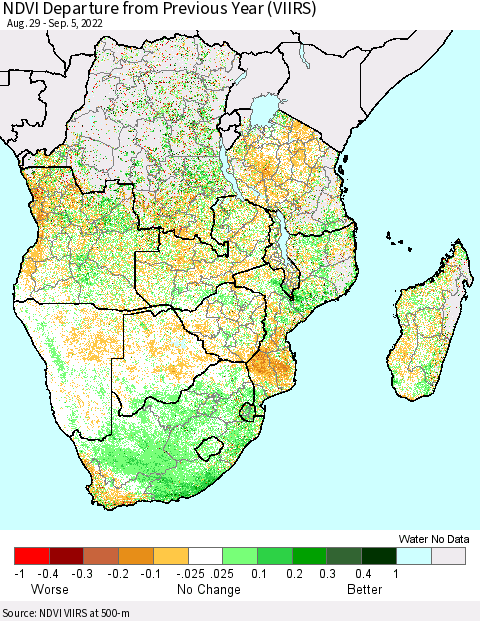 Southern Africa NDVI Departure from Previous Year (VIIRS) Thematic Map For 8/29/2022 - 9/5/2022