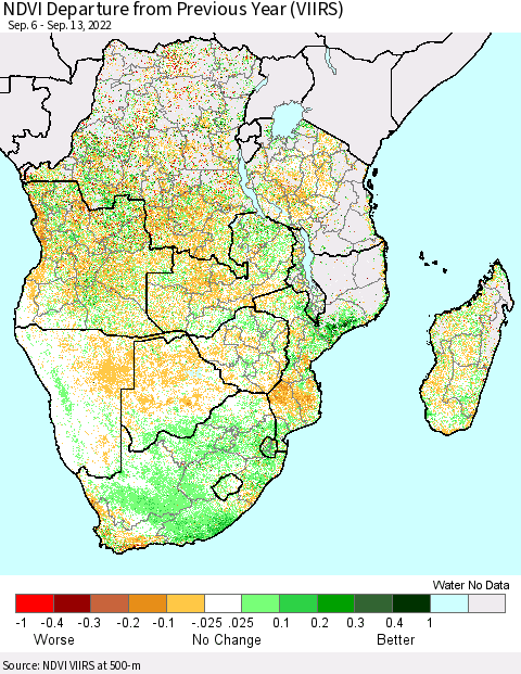 Southern Africa NDVI Departure from Previous Year (VIIRS) Thematic Map For 9/6/2022 - 9/13/2022