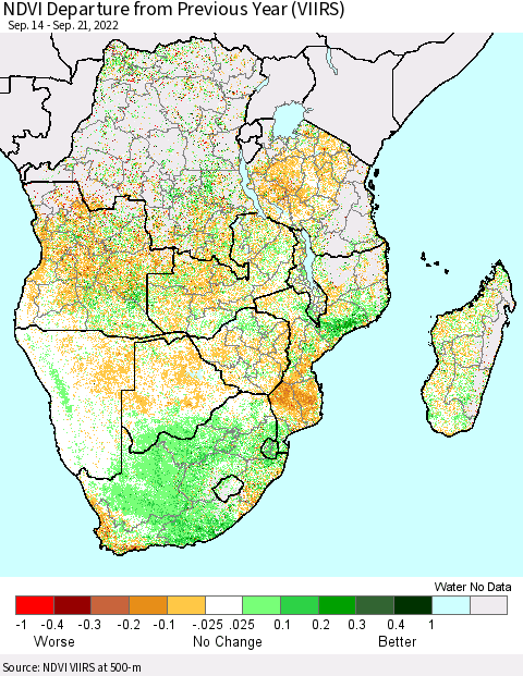 Southern Africa NDVI Departure from Previous Year (VIIRS) Thematic Map For 9/14/2022 - 9/21/2022