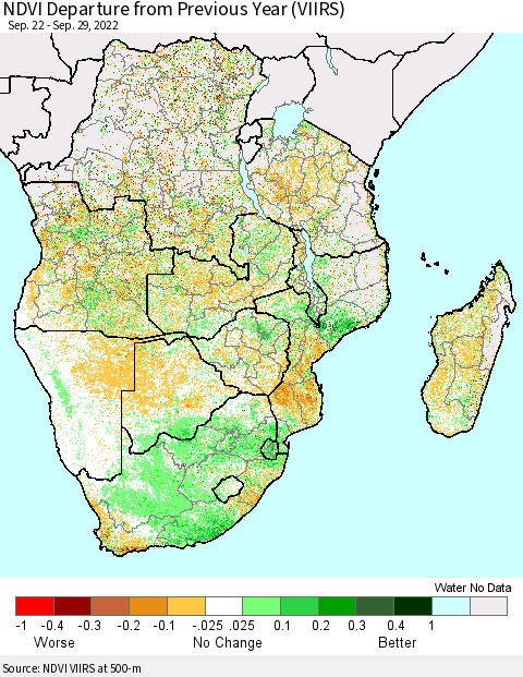 Southern Africa NDVI Departure from Previous Year (VIIRS) Thematic Map For 9/22/2022 - 9/29/2022