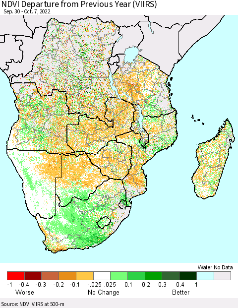 Southern Africa NDVI Departure from Previous Year (VIIRS) Thematic Map For 9/30/2022 - 10/7/2022