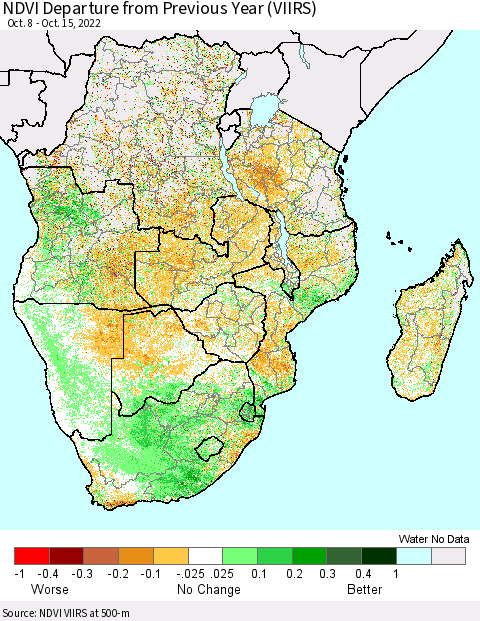 Southern Africa NDVI Departure from Previous Year (VIIRS) Thematic Map For 10/8/2022 - 10/15/2022