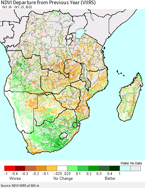 Southern Africa NDVI Departure from Previous Year (VIIRS) Thematic Map For 10/16/2022 - 10/23/2022