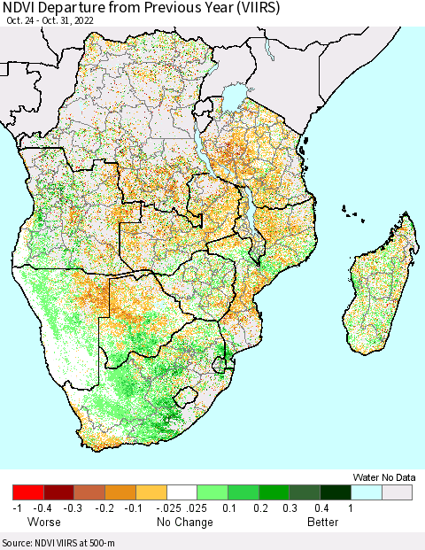 Southern Africa NDVI Departure from Previous Year (VIIRS) Thematic Map For 10/24/2022 - 10/31/2022