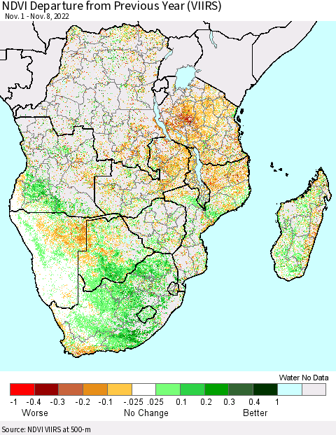 Southern Africa NDVI Departure from Previous Year (VIIRS) Thematic Map For 11/1/2022 - 11/8/2022