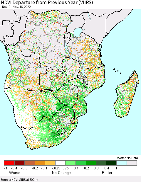 Southern Africa NDVI Departure from Previous Year (VIIRS) Thematic Map For 11/9/2022 - 11/16/2022