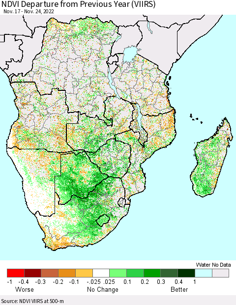 Southern Africa NDVI Departure from Previous Year (VIIRS) Thematic Map For 11/17/2022 - 11/24/2022
