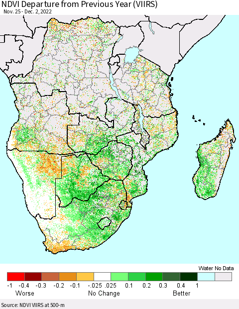 Southern Africa NDVI Departure from Previous Year (VIIRS) Thematic Map For 11/25/2022 - 12/2/2022
