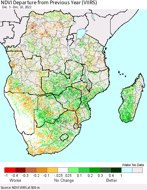 Southern Africa NDVI Departure from Previous Year (VIIRS) Thematic Map For 12/3/2022 - 12/10/2022