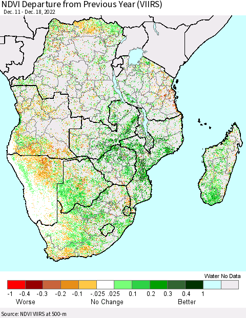 Southern Africa NDVI Departure from Previous Year (VIIRS) Thematic Map For 12/11/2022 - 12/18/2022