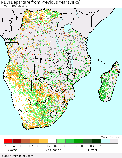 Southern Africa NDVI Departure from Previous Year (VIIRS) Thematic Map For 12/19/2022 - 12/26/2022