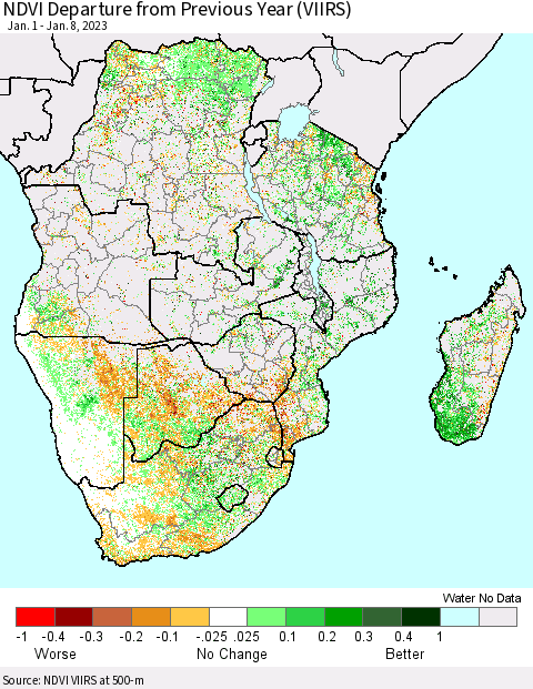 Southern Africa NDVI Departure from Previous Year (VIIRS) Thematic Map For 1/1/2023 - 1/8/2023