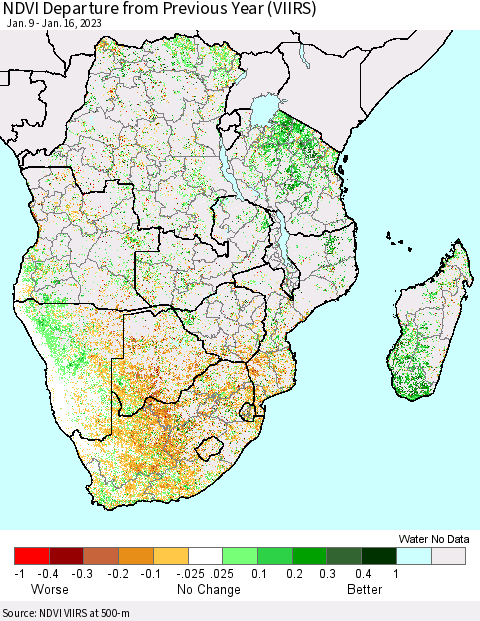 Southern Africa NDVI Departure from Previous Year (VIIRS) Thematic Map For 1/9/2023 - 1/16/2023