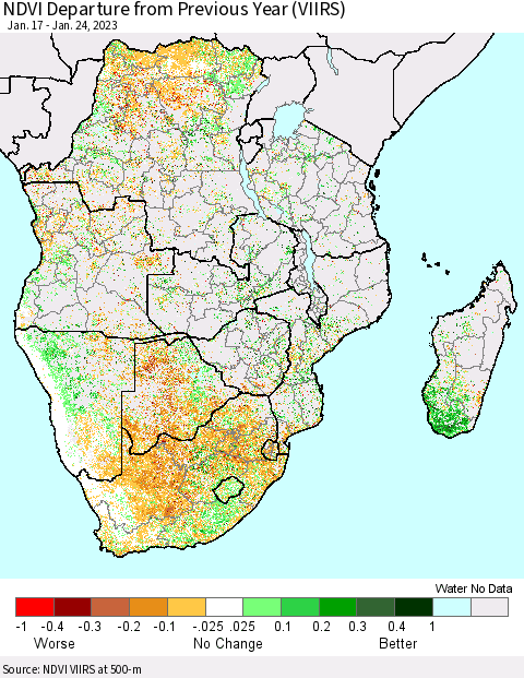 Southern Africa NDVI Departure from Previous Year (VIIRS) Thematic Map For 1/17/2023 - 1/24/2023