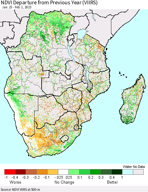 Southern Africa NDVI Departure from Previous Year (VIIRS) Thematic Map For 1/25/2023 - 2/1/2023