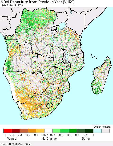 Southern Africa NDVI Departure from Previous Year (VIIRS) Thematic Map For 2/2/2023 - 2/9/2023
