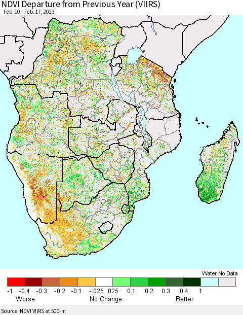 Southern Africa NDVI Departure from Previous Year (VIIRS) Thematic Map For 2/10/2023 - 2/17/2023