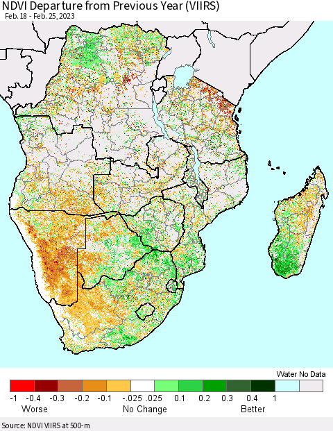 Southern Africa NDVI Departure from Previous Year (VIIRS) Thematic Map For 2/18/2023 - 2/25/2023