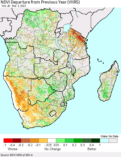 Southern Africa NDVI Departure from Previous Year (VIIRS) Thematic Map For 2/26/2023 - 3/5/2023