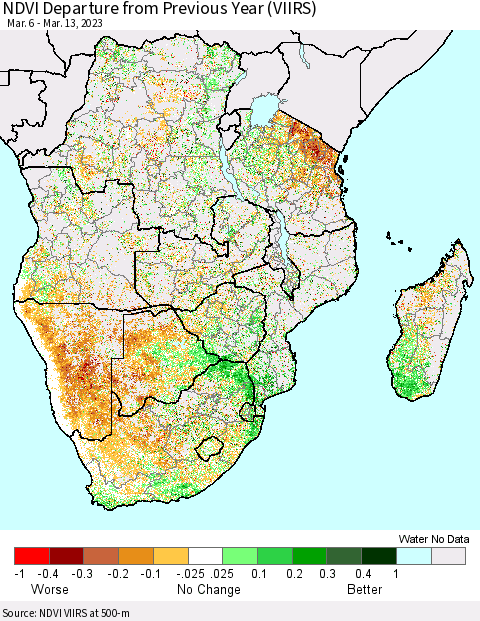 Southern Africa NDVI Departure from Previous Year (VIIRS) Thematic Map For 3/6/2023 - 3/13/2023