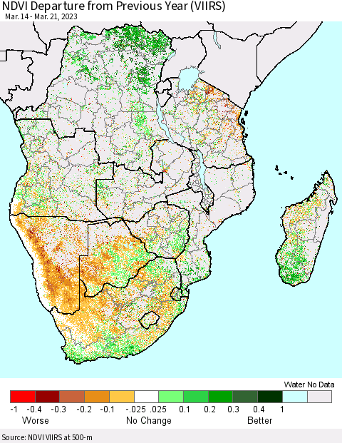 Southern Africa NDVI Departure from Previous Year (VIIRS) Thematic Map For 3/14/2023 - 3/21/2023