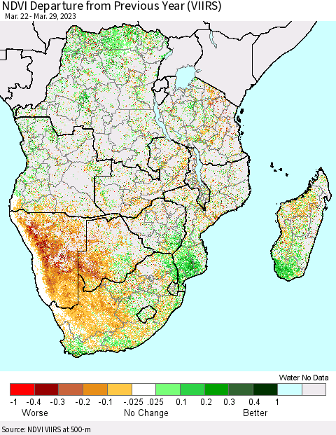 Southern Africa NDVI Departure from Previous Year (VIIRS) Thematic Map For 3/22/2023 - 3/29/2023