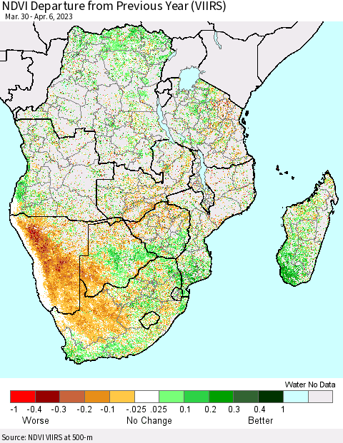 Southern Africa NDVI Departure from Previous Year (VIIRS) Thematic Map For 3/30/2023 - 4/6/2023