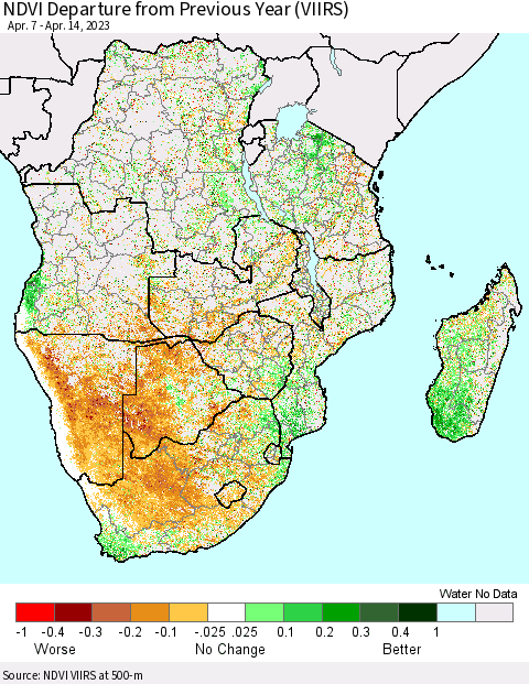 Southern Africa NDVI Departure from Previous Year (VIIRS) Thematic Map For 4/7/2023 - 4/14/2023