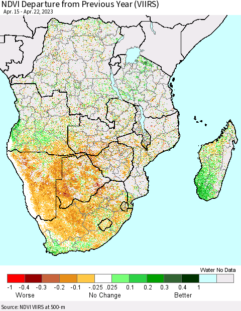 Southern Africa NDVI Departure from Previous Year (VIIRS) Thematic Map For 4/15/2023 - 4/22/2023