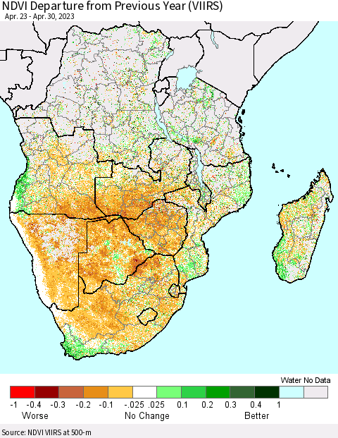 Southern Africa NDVI Departure from Previous Year (VIIRS) Thematic Map For 4/23/2023 - 4/30/2023