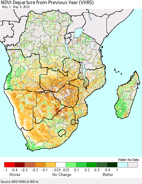 Southern Africa NDVI Departure from Previous Year (VIIRS) Thematic Map For 5/1/2023 - 5/8/2023