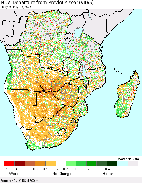 Southern Africa NDVI Departure from Previous Year (VIIRS) Thematic Map For 5/9/2023 - 5/16/2023