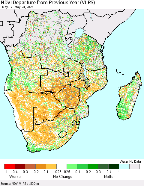 Southern Africa NDVI Departure from Previous Year (VIIRS) Thematic Map For 5/17/2023 - 5/24/2023