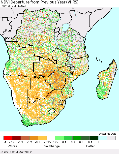 Southern Africa NDVI Departure from Previous Year (VIIRS) Thematic Map For 5/25/2023 - 6/1/2023