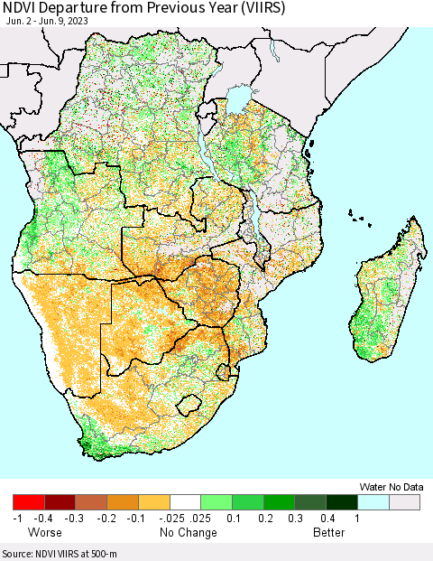 Southern Africa NDVI Departure from Previous Year (VIIRS) Thematic Map For 6/2/2023 - 6/9/2023