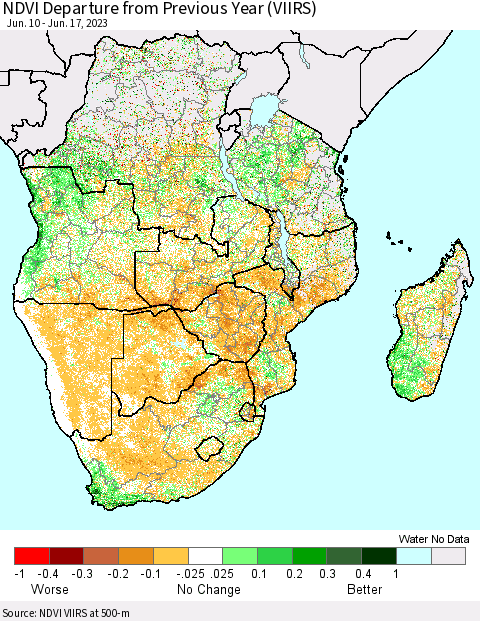 Southern Africa NDVI Departure from Previous Year (VIIRS) Thematic Map For 6/10/2023 - 6/17/2023