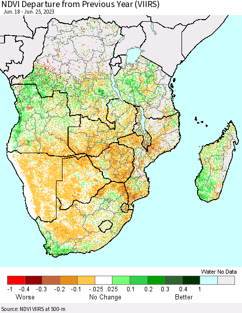Southern Africa NDVI Departure from Previous Year (VIIRS) Thematic Map For 6/18/2023 - 6/25/2023