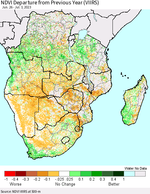 Southern Africa NDVI Departure from Previous Year (VIIRS) Thematic Map For 6/26/2023 - 7/3/2023
