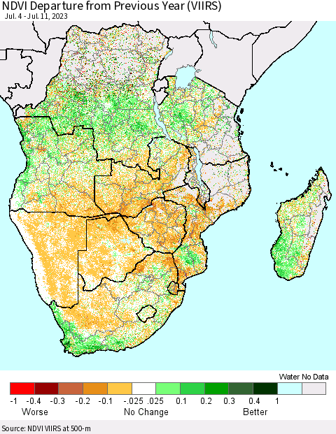 Southern Africa NDVI Departure from Previous Year (VIIRS) Thematic Map For 7/4/2023 - 7/11/2023
