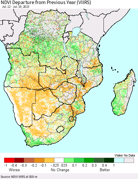 Southern Africa NDVI Departure from Previous Year (VIIRS) Thematic Map For 7/12/2023 - 7/19/2023