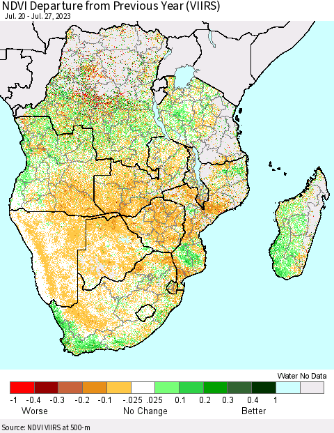 Southern Africa NDVI Departure from Previous Year (VIIRS) Thematic Map For 7/20/2023 - 7/27/2023