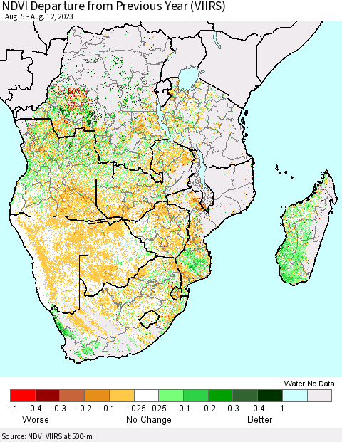 Southern Africa NDVI Departure from Previous Year (VIIRS) Thematic Map For 8/5/2023 - 8/12/2023