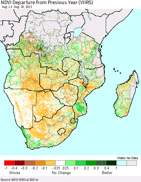 Southern Africa NDVI Departure from Previous Year (VIIRS) Thematic Map For 8/13/2023 - 8/20/2023