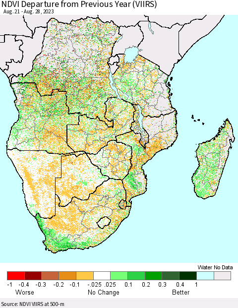 Southern Africa NDVI Departure from Previous Year (VIIRS) Thematic Map For 8/21/2023 - 8/28/2023