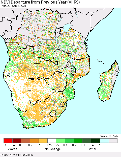Southern Africa NDVI Departure from Previous Year (VIIRS) Thematic Map For 8/29/2023 - 9/5/2023