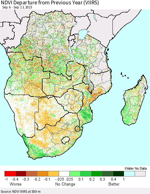 Southern Africa NDVI Departure from Previous Year (VIIRS) Thematic Map For 9/6/2023 - 9/13/2023
